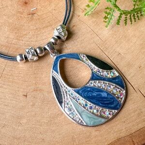 Kenneth Cole Silver Teardrop Blue AB Crystal Rhinestone Leather Cord Necklace